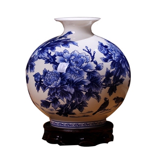 景德镇陶瓷器摆件中式客厅酒柜青花骨瓷薄胎小花瓶工艺品装饰花插