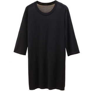 2024夏季冰丝针织上衣女宽松薄款中长款t恤圆领开叉中袖针织衫