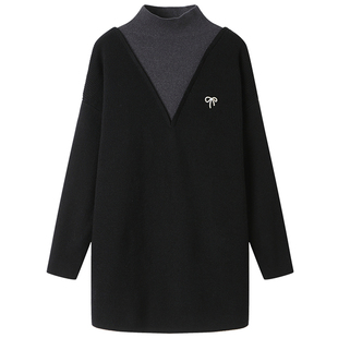 恒源祥半高领假两件毛衣女秋冬中长款宽松针织打底衫上衣羊绒衫