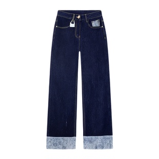 秋季新款刺绣拼接阔腿牛仔裤女大码宽松显瘦微胖MM高腰百搭直筒裤