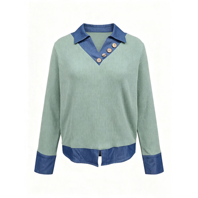 Denim Lapel Color Block Spliced Button Shirt Women Jacket
