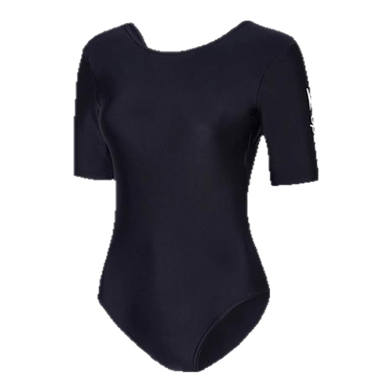 Speedo噪点系列甜美大U交叉露背中袖连体泳衣女温泉海边度假泳装