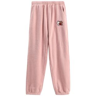 芬腾布朗熊珊瑚绒睡裤女秋冬季保暖长裤法兰绒卡通休闲家居裤单裤