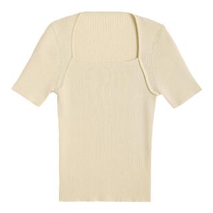 popchrio◆冰感法式复古挂肩针织衫短袖T恤修身显瘦方领上衣女夏