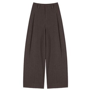 毛呢贝斯裤女冬季新款加绒休闲裤加厚松弛老钱风乌木棕色阔腿裤子