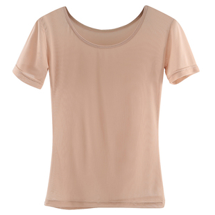 春秋超薄T恤女短袖网纱上衣透视性感内搭小衫紧身肤色舞蹈打底衫