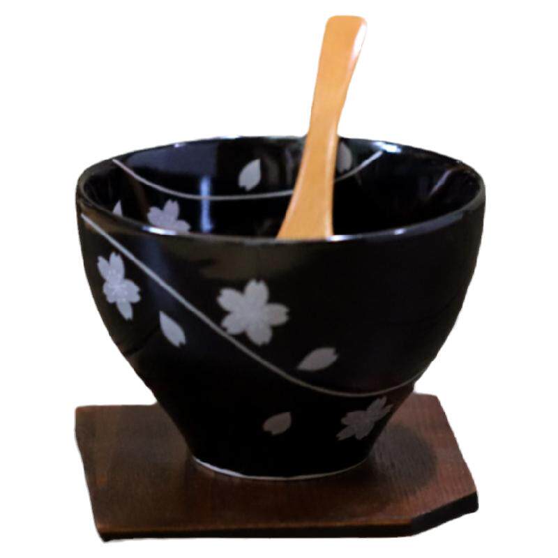 日本进口黑白描银樱花有田烧对碗