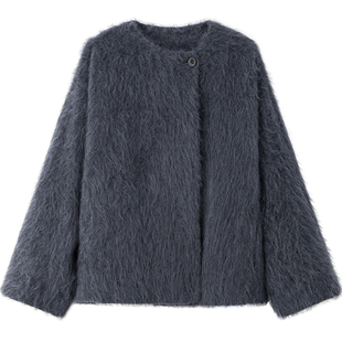 EASE2025秋冬新款羊毛大衣女轻奢气质圆领短款外套长毛设计一粒扣