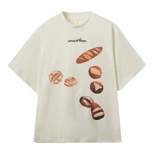 UMAMIISM 有茂密声面包咖啡宽松美式重磅印花圆领上衣夏季短袖T恤