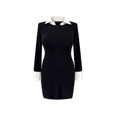 Babes【撞色引力】大码气质假两件拉链翻领高腰收腰包臀连衣裙女