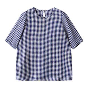 梭家｜可乐气泡｜简约通勤蓝灰格纯亚麻五分袖T恤夏季女宽松上衣
