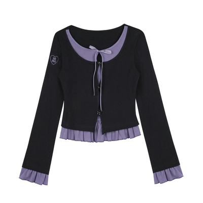 SagiDolls少女斗志#雾之藤#甜美浪漫黑紫假两件荷叶边上衣纯欲T恤