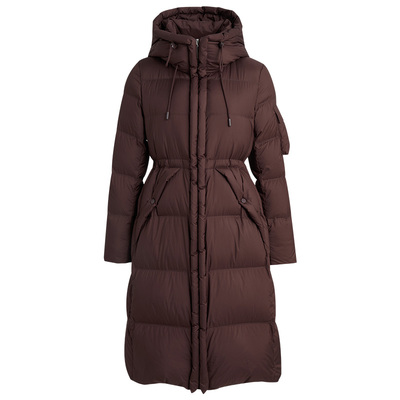 砖红色高领连帽收腰长款羽绒服