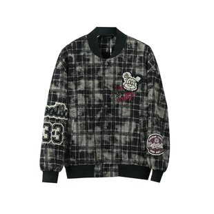 美式格子男夹克加绒保暖字母贴布绣潮牌做旧风痞帅棒球服外套2025