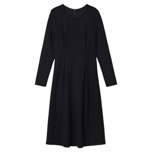 大洪洪【窈窕淑女】春款高腰显瘦A字裙摆连衣裙女圆领长袖小黑裙