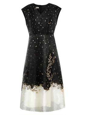 BBLLUUEE/粉蓝衣橱春夏女装东方感定位提花礼服裙V领盖包袖连衣裙