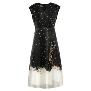 【梅弄影】BBLLUUEE/粉蓝衣橱东方感定位提花礼服裙V领盖袖连衣裙