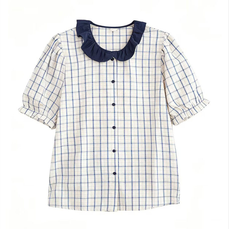 法式格子短袖衬衫女夏季显瘦