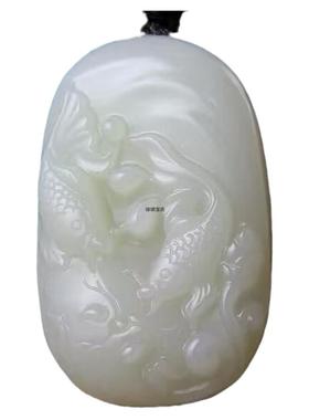 和田玉双鱼莲花手把件碧年年有鱼