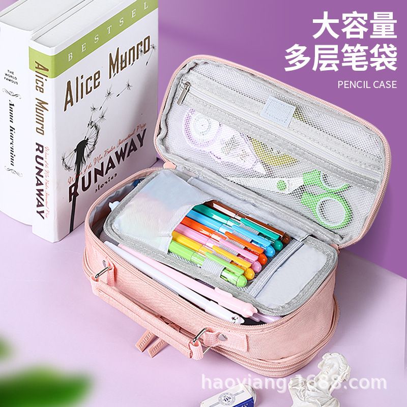 跨境大容量笔袋中小学生文具收纳袋铅笔盒拉链手提多功能双笔袋可