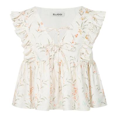 ELLIGIOI提花荷叶边上衣高腰短裤