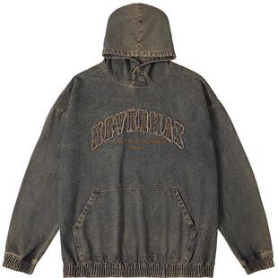 NMAX大码潮牌男装秋季新品个性套头牛仔夹克贴布绣连帽卫衣式外套