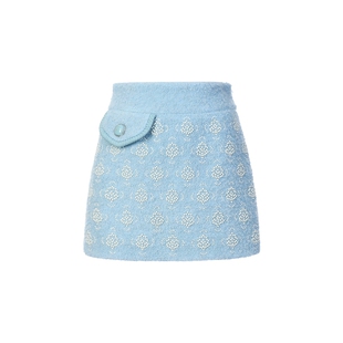 lefame拉飞姆秋季贵气精致珍珠装饰清新蓝色半裙