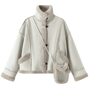 慕兔小个子皮毛一体外套女冬2025新款宽松仿麂皮加绒加厚夹克上衣