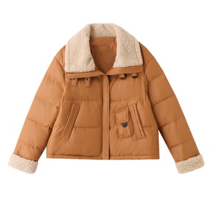 羊羔毛大翻领超好看外套2024冬新款女短款加厚学院风白鸭绒羽绒服