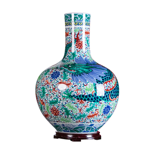 景德镇陶瓷高端仿古花瓶大号龙纹天球瓶客厅博古架中式装饰品摆件