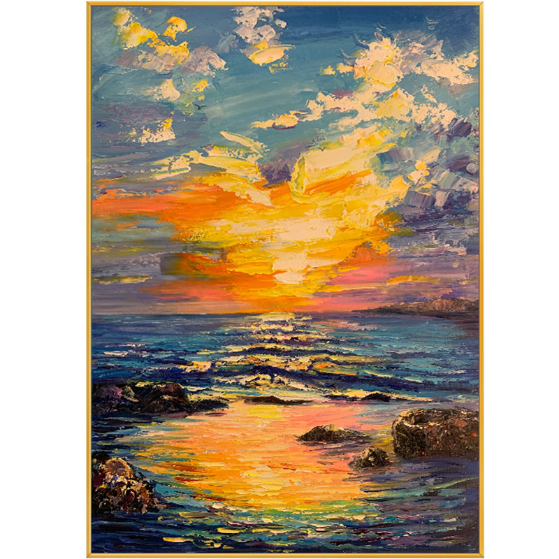 纯手绘油画轻奢立体风景大海竖版