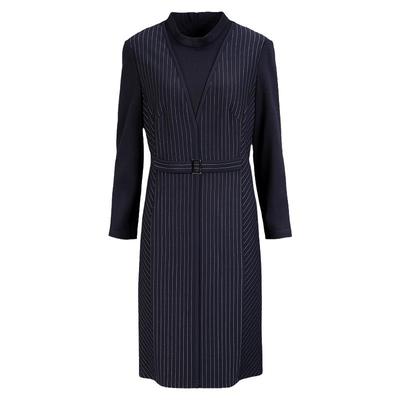 靓诺藏蓝白条拼接针织两件连衣裙