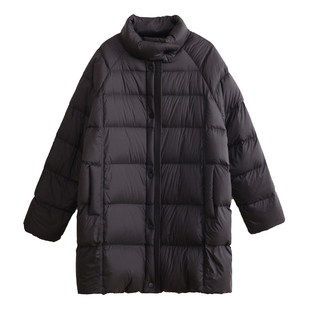 花吉C133黑色立领90绒泡芙羽绒服女2026新款冬宽松中长款送帽子