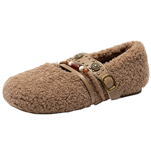 千百度薄底毛毛鞋全包勃肯鞋女冬季新款加绒玛丽珍鞋平底单鞋