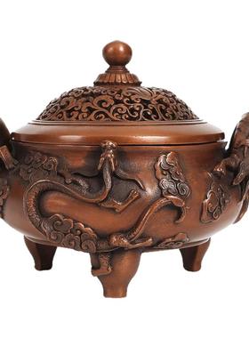 中式紫铜龙纹浮雕香炉桌面摆件