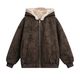 NEVERNEED座山雕PU皮连帽棉衣男女冬季美式复古保暖情侣毛领棉服