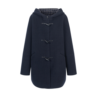 衣香丽影骆驼绒牛角扣连帽大衣女