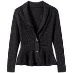 韩版V领羊毛开衫收腰显瘦黑白点子纱针织西装洋气女装羊毛衫外套