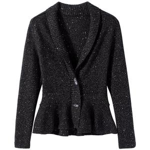 韩版V领羊毛开衫收腰显瘦黑白点子纱针织西装洋气女装羊毛衫外套