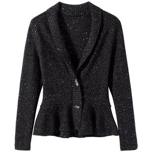 韩版V领羊毛开衫收腰显瘦黑白点子纱针织西装洋气女装羊毛衫外套