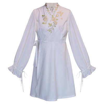 听月小筑【半裁春色】原创女春交领衬衫连衣裙国风改良新中式女装