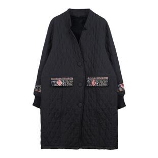 菱形格夹棉棉服女长款棉衣2025年冬季新品加绒棉外套复古刺绣大衣