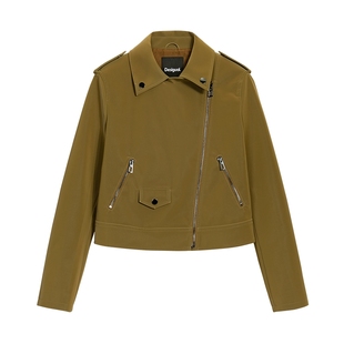 Desigual25秋冬新品机车翻领橄榄绿色拉链装饰皮衣女士外套