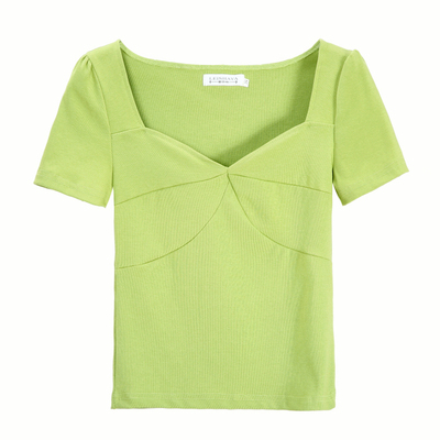 低胸性感方领锁骨上衣显瘦收腰女