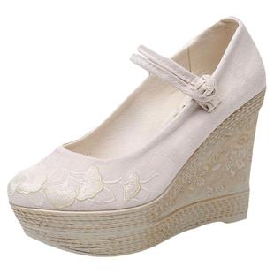 春新古风女鞋汉服鞋子民族风坡跟古风超高跟防水台绣花鞋国风布鞋