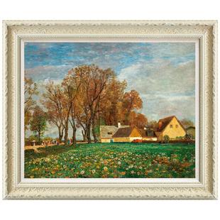风色百花簇拥的村落风景油画美式欧式客厅卧室餐厅实木框装饰画