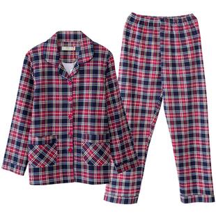 【特价】睡衣女春秋季纯棉长袖格子大码开衫可外穿家居服套装