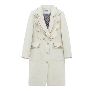 LULUALWAYS法式优雅珍珠长款毛呢大衣气质外套女