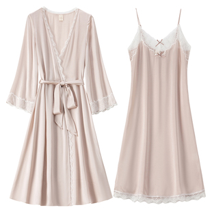 RoseTree冰丝睡衣女款春夏季法式ins性感蕾丝吊带睡裙睡袍两件套