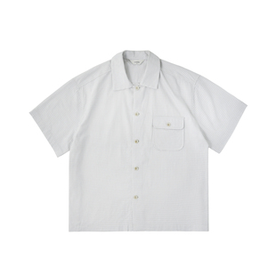 AWT25春夏 小细格泡纱材质 简约素色一片领宽松轻薄短袖口袋衬衫